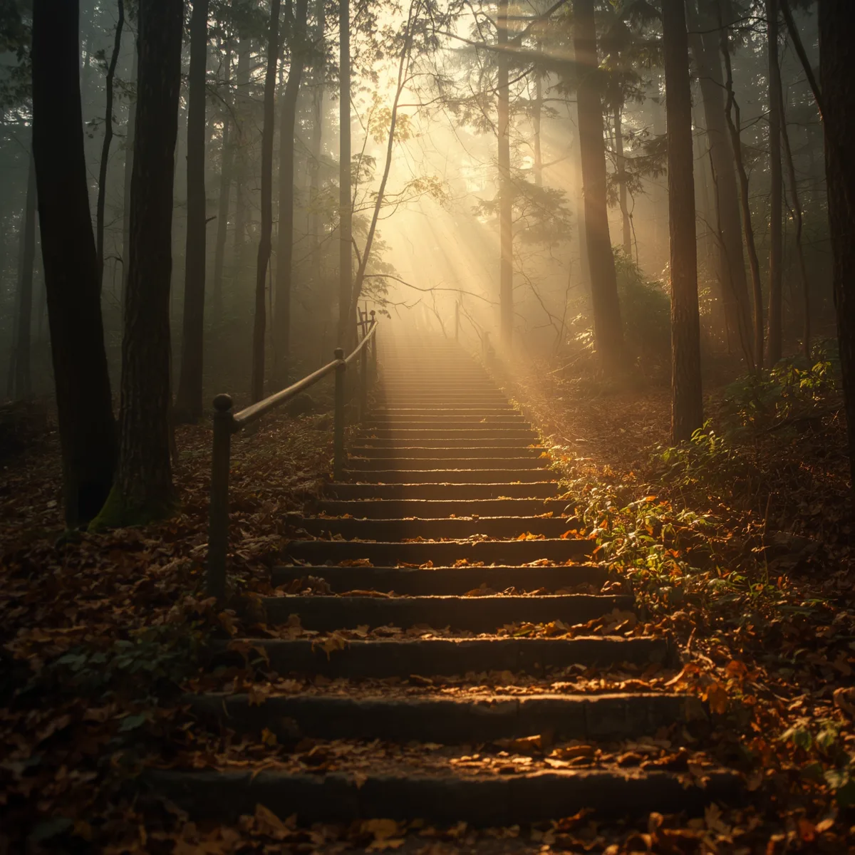 Mensch-Silhouette in mistigem Wald mit goldenem Lichtschein — Symbol für Synchronizität