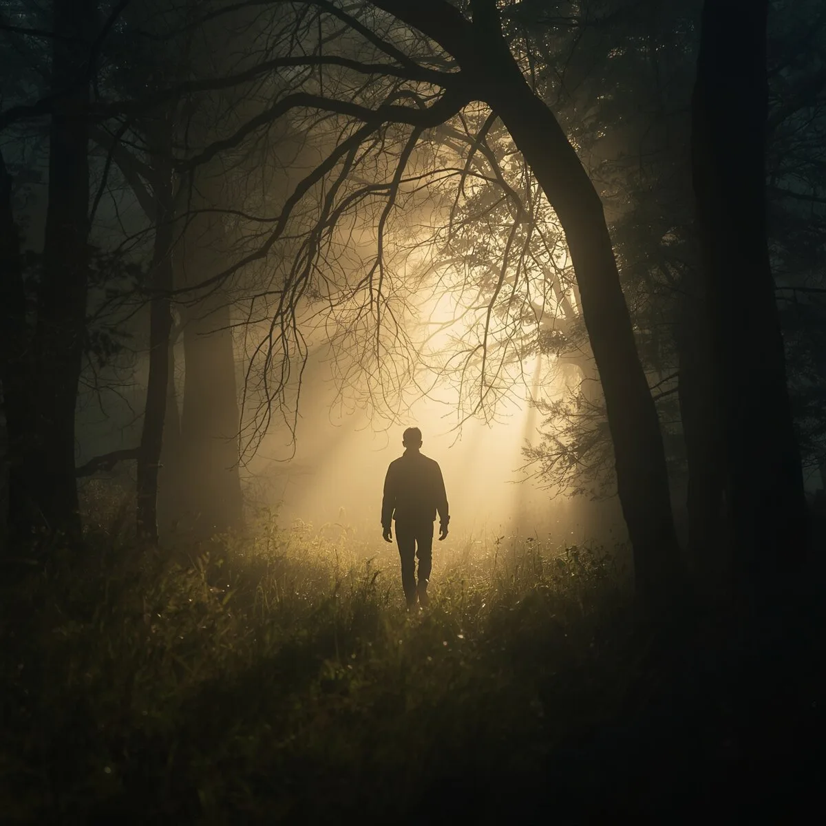 Mensch-Silhouette in mistigem Wald mit goldenem Lichtschein — Symbol für Synchronizität und das Erleben von Begegnungen