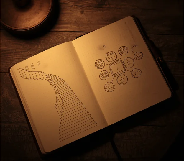 Aufgeschlagenes Notizbuch mit handgezeichneter Treppe — Landkarte der 9 Erkenntnisse